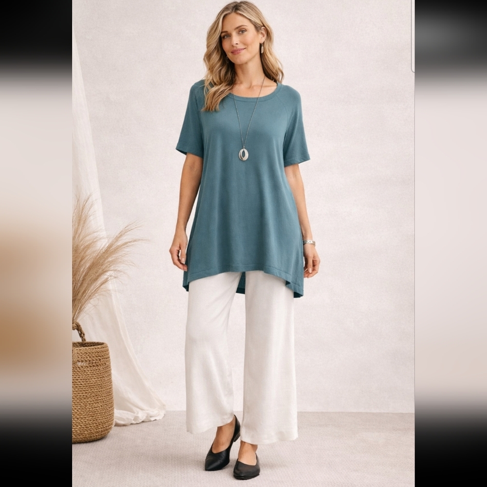 Eileen Fisher Teal Tencel Tunic Top Hi-Low Hem Short Sleeve Size S